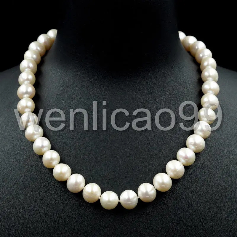 

10-11MM White Freshwater Pearl Necklace Beaded 925 Sterling Silver