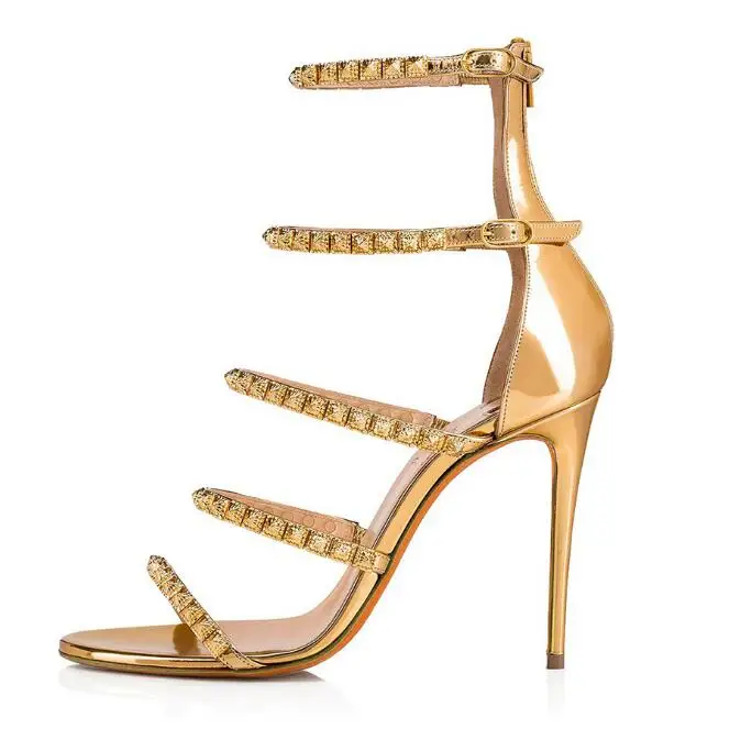 

Moraima Snc Fashion Gold Rivets Studded High Heel Shoes Woman Summer Open Toe Gladiator Sandals Cutouts Party Dress Heels