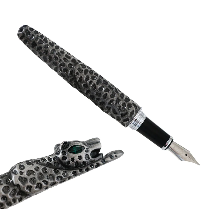 Роскошная перьевая ручка JINHAO с золотым леопардом, ручки с тяжелыми чернилами, зеленые Кристальные глаза, 0,7 мм, перо, офисные принадлежности для подарков, caneta tinteiro - Цвет: Ancient silver