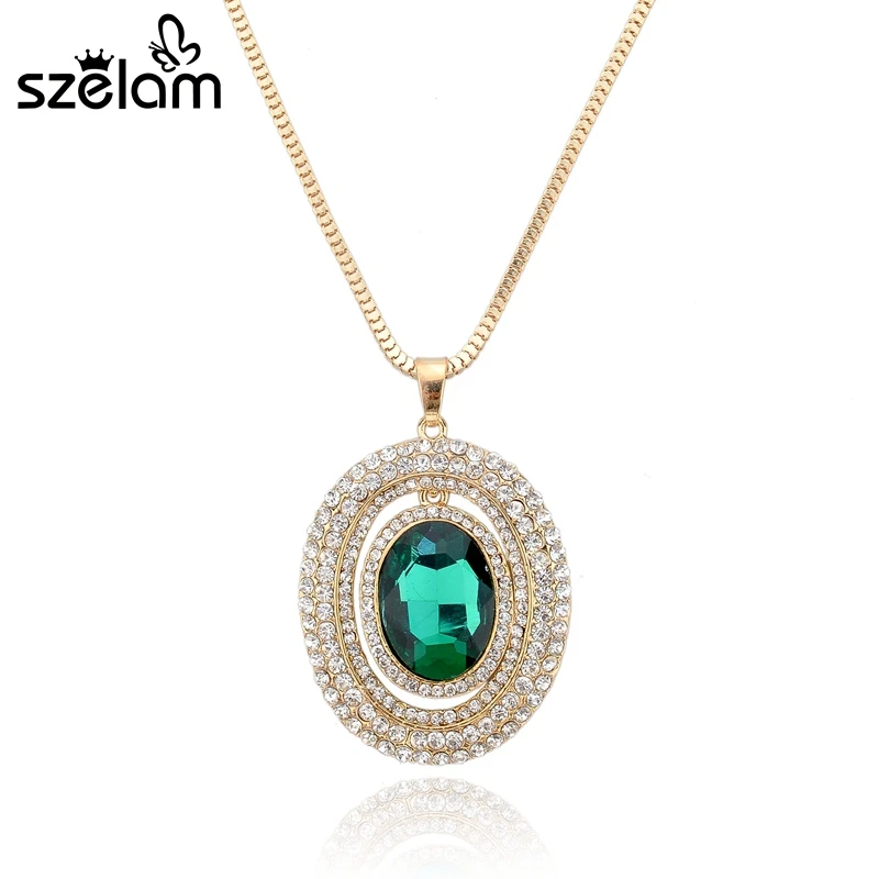 Женское Ожерелье кулон с зелеными кристаллами Szelam золотое ожерелье длинной