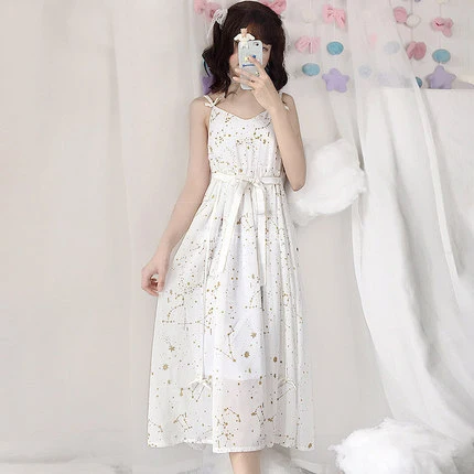 white dress Черное/красное/Белое платье лолиты для взрослых, пальто, карнавальный костюм звездного неба, женский летний костюм, шифоновая Одежда для девочек - Цвет: white dress