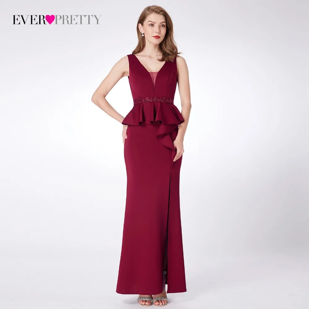 Платья для выпускного вечера Ever Pretty EP07271 элегантные трапециевидные с v-образным вырезом без рукавов с разрезом для ног бордовые вечерние платья с бисером для женщин