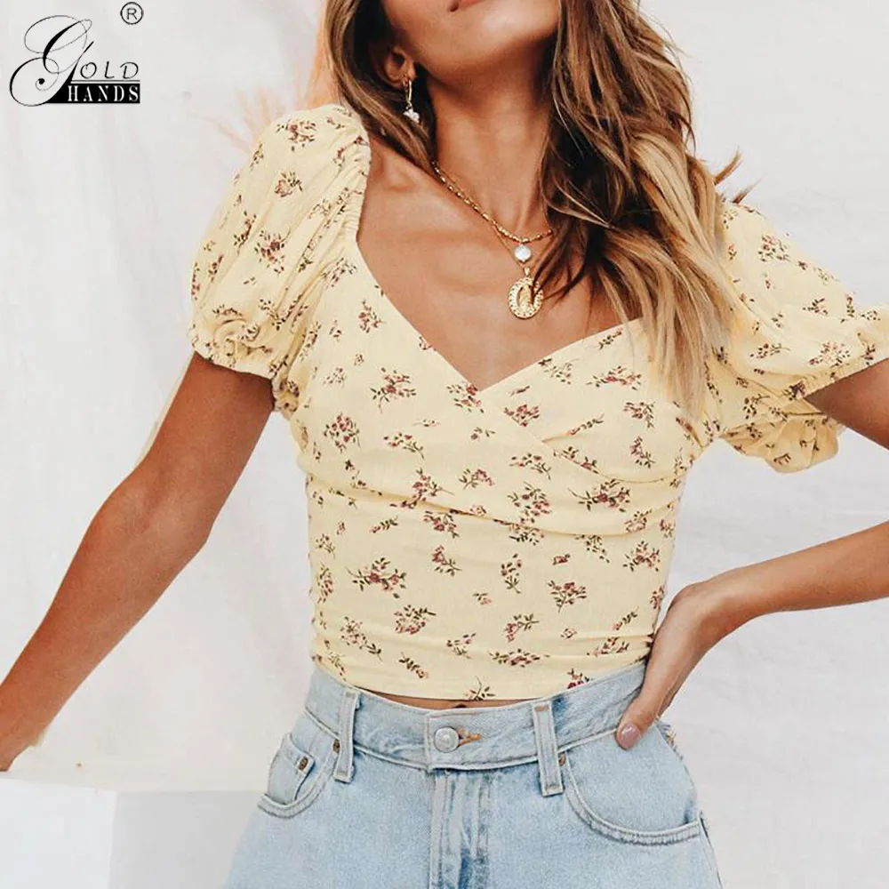 Gold Hands Fashion Vintage Floral Print Women Crop Tops and Blouse 2019 Summer Sexy V Neck Backless Lace up Short Shirt Girls | Женская
