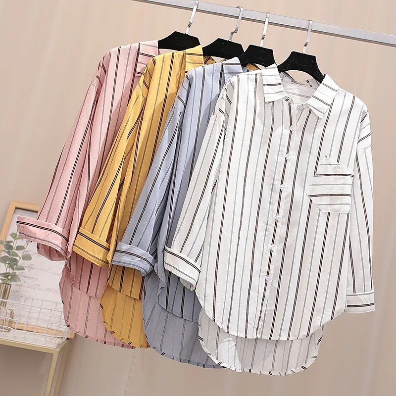 

Large Size Women's Clothing 2019 Autumn New Loose Slim Cotton Casual Striped Shirt Tops Long Sleeve Shirts Fashion Blouses