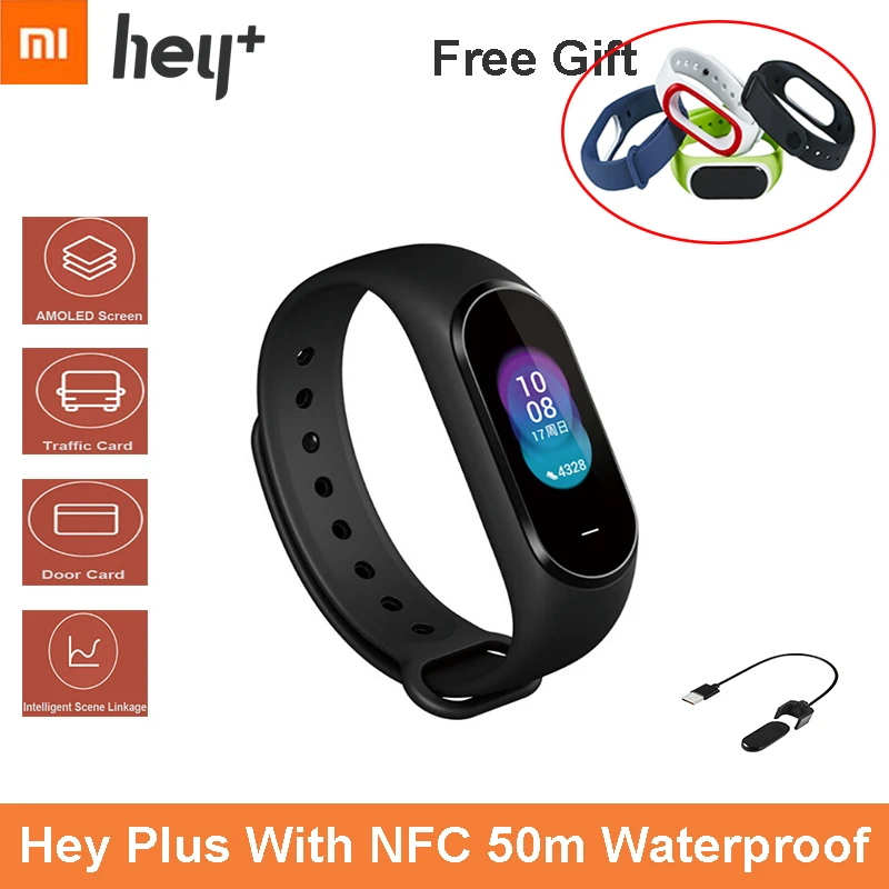 Дополнительный Бесплатный Ремешок Xiaomi Hey Plus 1S Smartband 0,95 дюймов AMOLED цветной экран встроенный многофункциональный NFC пульсометр Hey