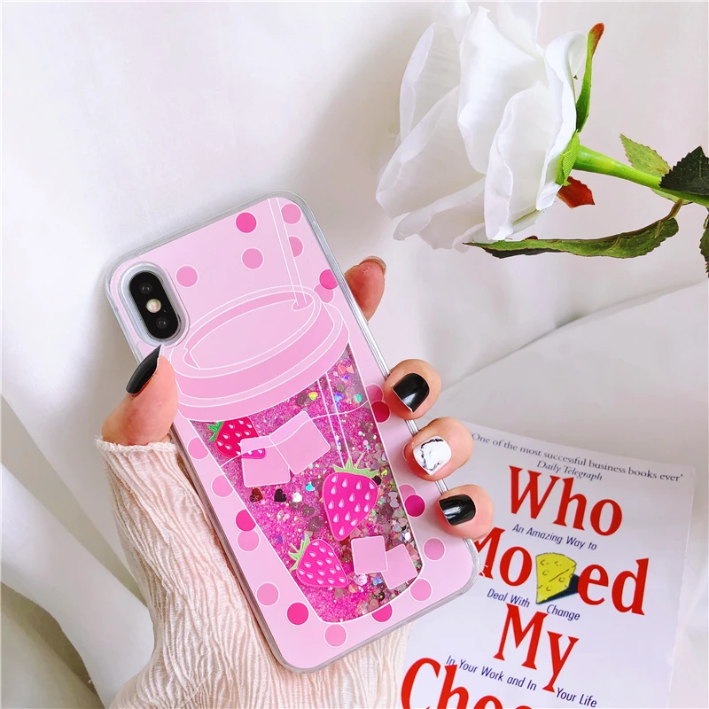 pink color Dynamic Liquid cat Case Quicksand Fun Milk tea cup phone For Apple iphone 6 6s 7 8 Plus X XS XR MAX |
