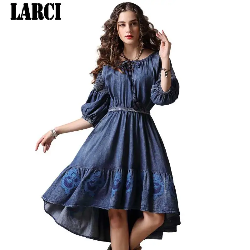 LARCI летнее платье 2018 Boho Новый синего джинсового цвета Vestidos О образным вырезом три