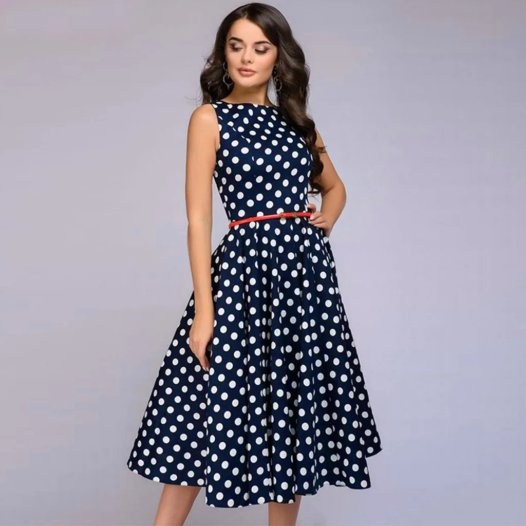 Knee Length cover dress summer women beach Dot Print black Sleeveless vintage Zip Flare Retro sukienka vestidos#G7|Женские платья| |