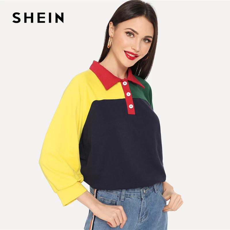 SHEIN/разноцветная Повседневная Толстовка с разрезом и пришитым пополам с цветными блоками, пуловеры с рукавом 3/4, женские осенние толстовки