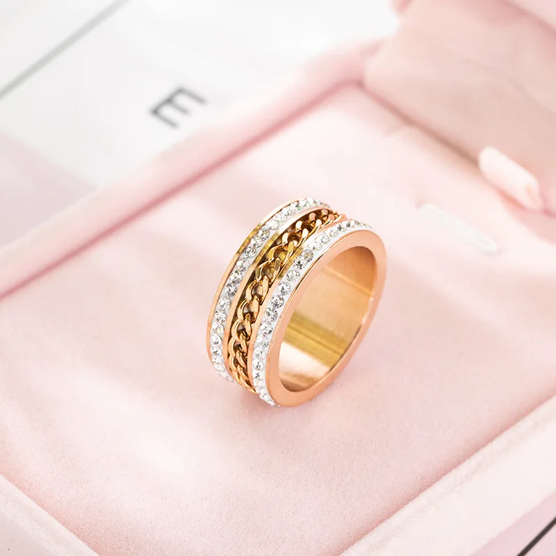 Fashion stainless steel double row circumference chain ring Couple Wedding Bands for women engagement jewelry | Украшения и