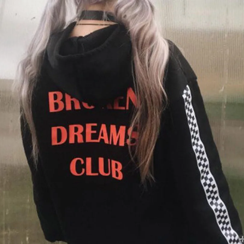 Панк Харадзюку шахматный узор рукав Сломанные мечты Клубные худи Женская