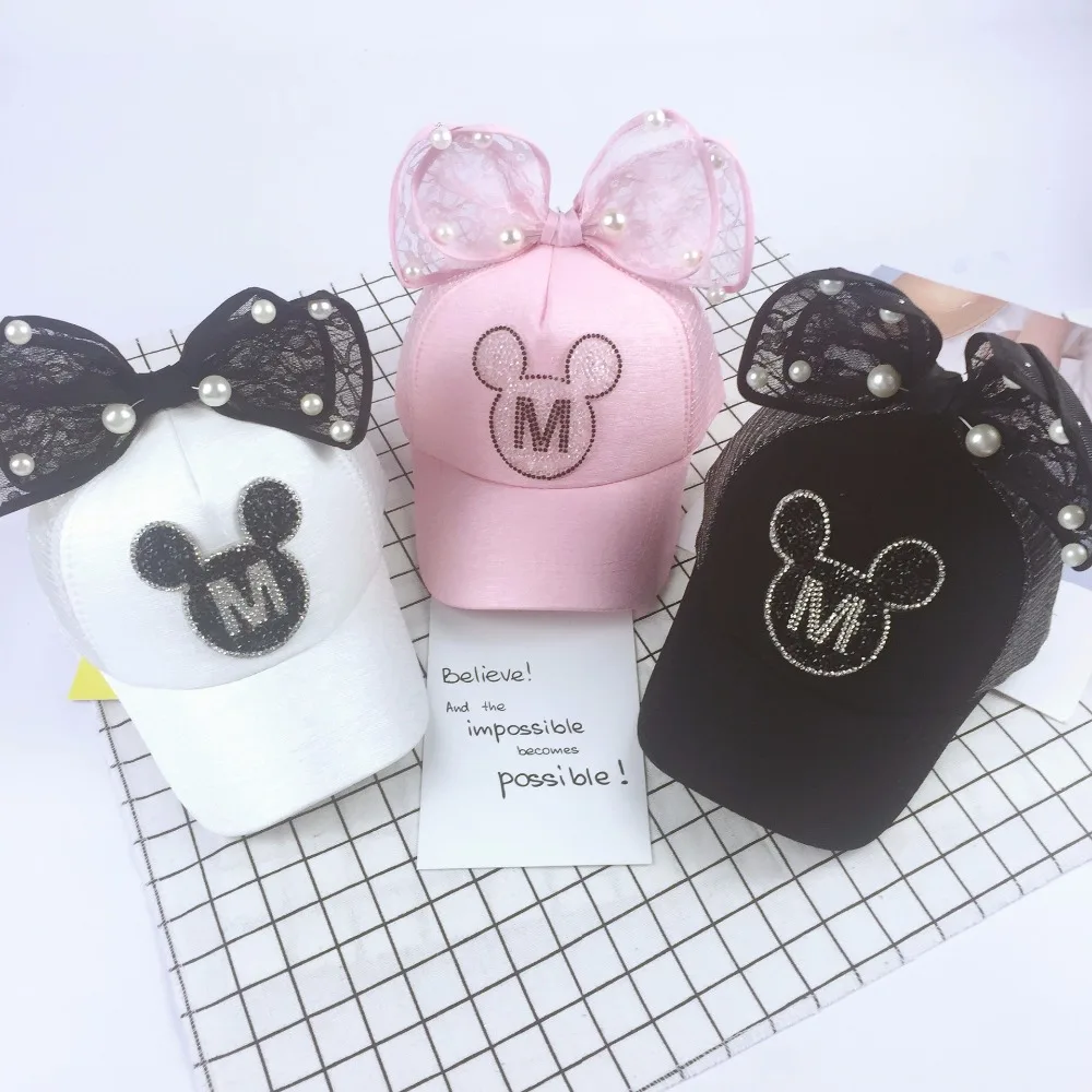 Модная милая детская бейсбольная кепка с Микки Маусом украшенная жемчугом и