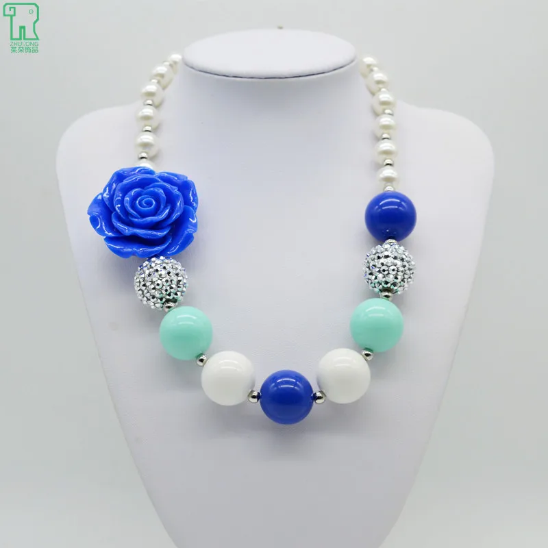 

New 2015 Chunky Halloween Necklace Pendants Royal Blue Flower Bubblegum Necklace for Girls DIY Wholesale Kids Jewelry