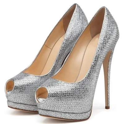 

Concise Style Women Silver Peep Toe High Thin Heel Shallow Pumps Fashion Platform Slip On Sky High Dress Party Shoes Big Size