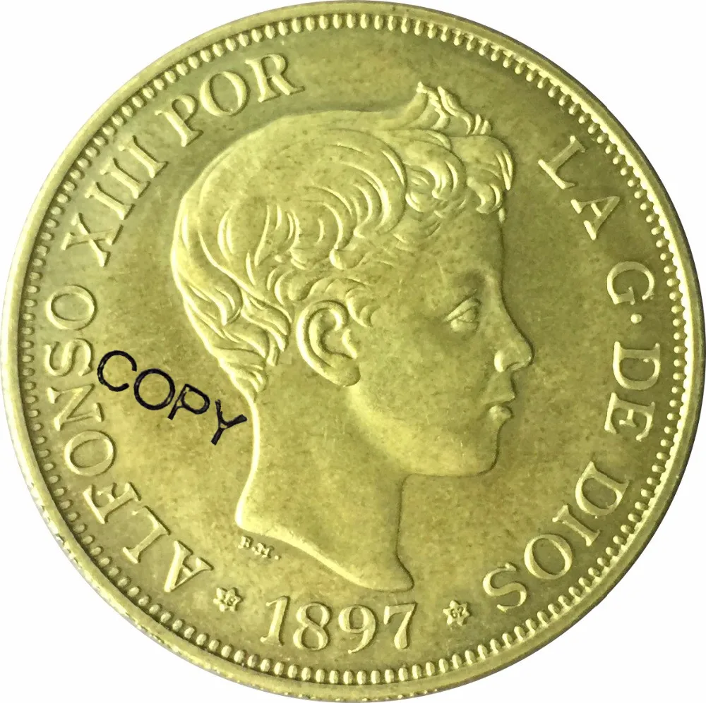 Золотая монета Alfonso XII в Испании 100 года Pesetas 1897 латунная металлическая копия