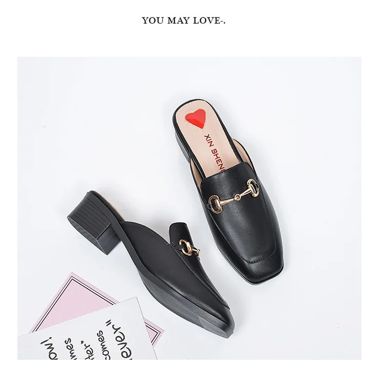Summer Fashion Genuine Leather Mules Block Heels Shoes Woman Slipper Modis Black Casual Shoes Women Ladies Sliders Female