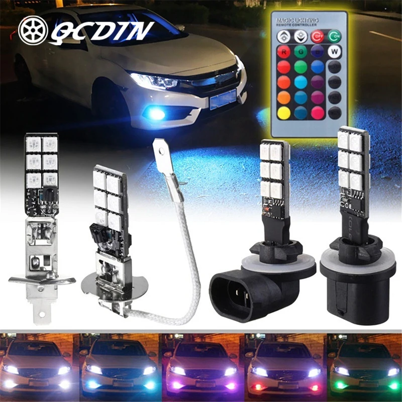 

QCDIN 2Pcs Car Signal Lamp RGB 5050 LED 12SMD Car Headlight Lamp Fog Driving Tail Side Light Bulb Remote Control DC 12V