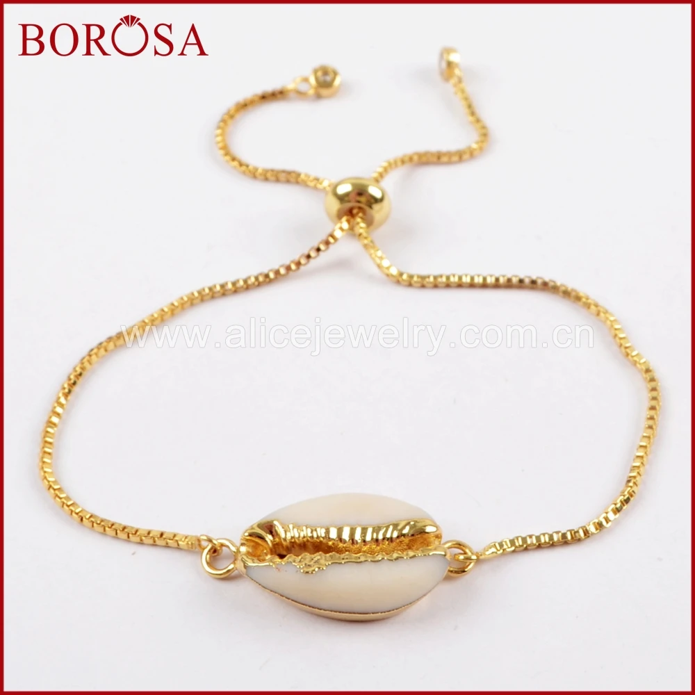 

BOROSA 5/10PCS Gold Color Natural Cowrie Shell Adjustable Bracelets, Fashion Shell Connector Bracelet Bangle Jewelry G1621