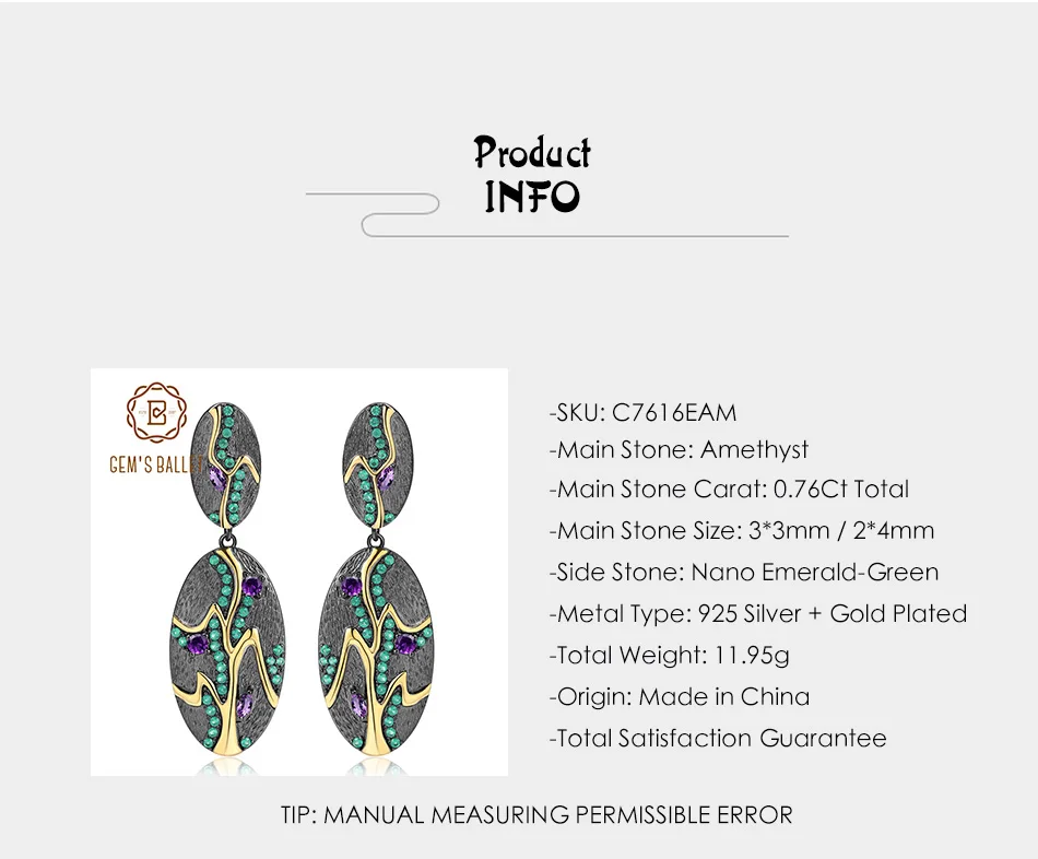 GEM'S BALLET Georgia O'keeffe Серьги-Листья 0.76Ct Натуральный Аметист Стерлинговое Серебро 925 пробы ручной работы Серьги для женщин Бижутерия