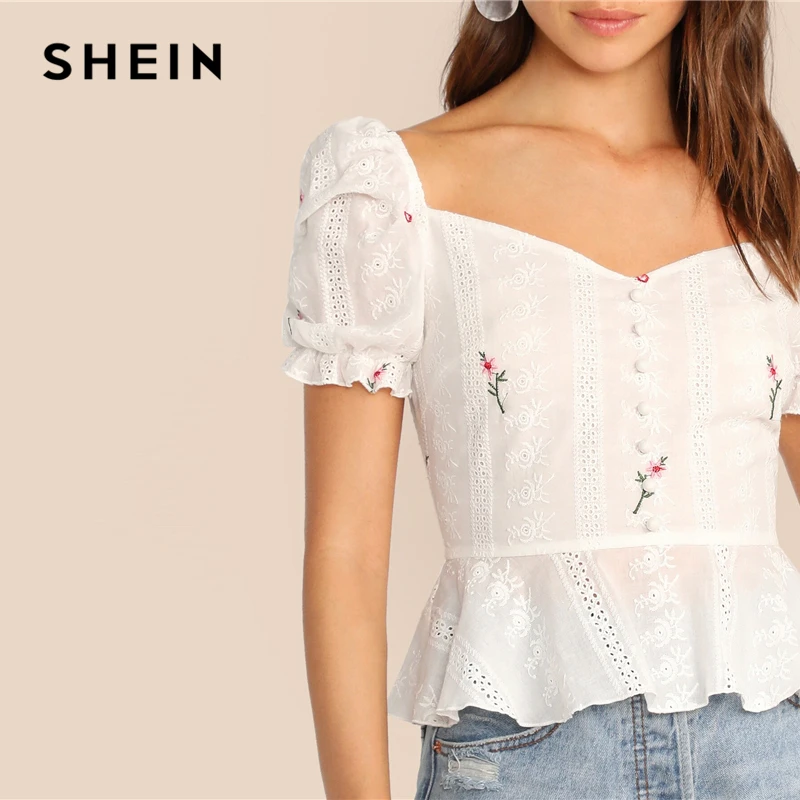 SHEIN топ с воланами, пышными рукавами, пуговицами спереди и баской, Boho, белая баска, с вышивкой, летние женские топы и блузки