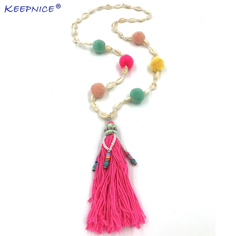 

New handmade rainbow colorful tassel pompous pendents necklace boho Bohemiam long fringe statement Maxi Necklaces for women