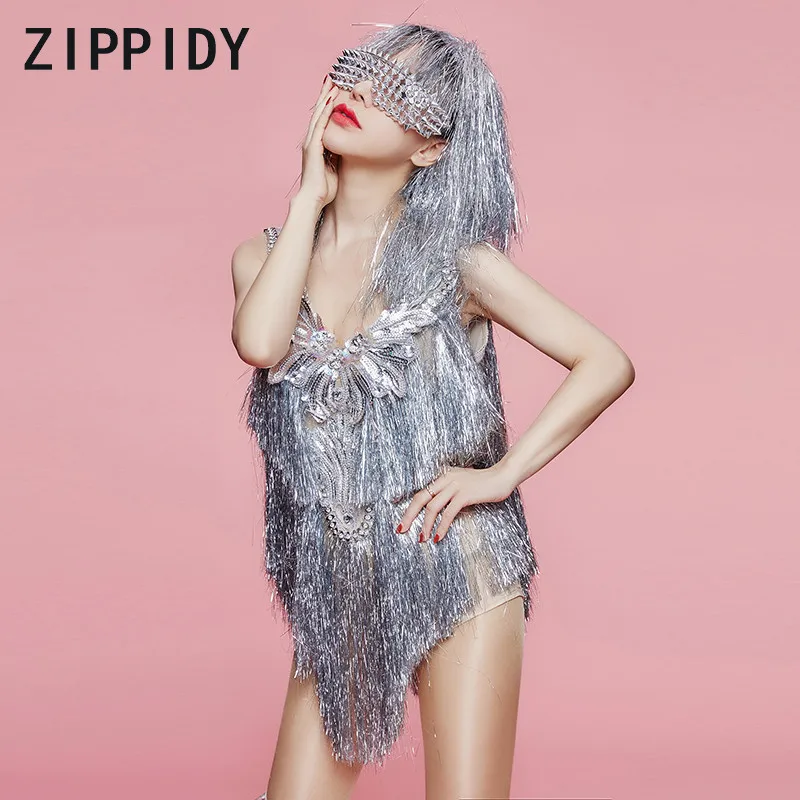 

Silver Tassel Sparkly Sequins Bodysuit Birthday Party Women's Costume Wear Female Singer Dance Team Nightclub Show Bodysuits