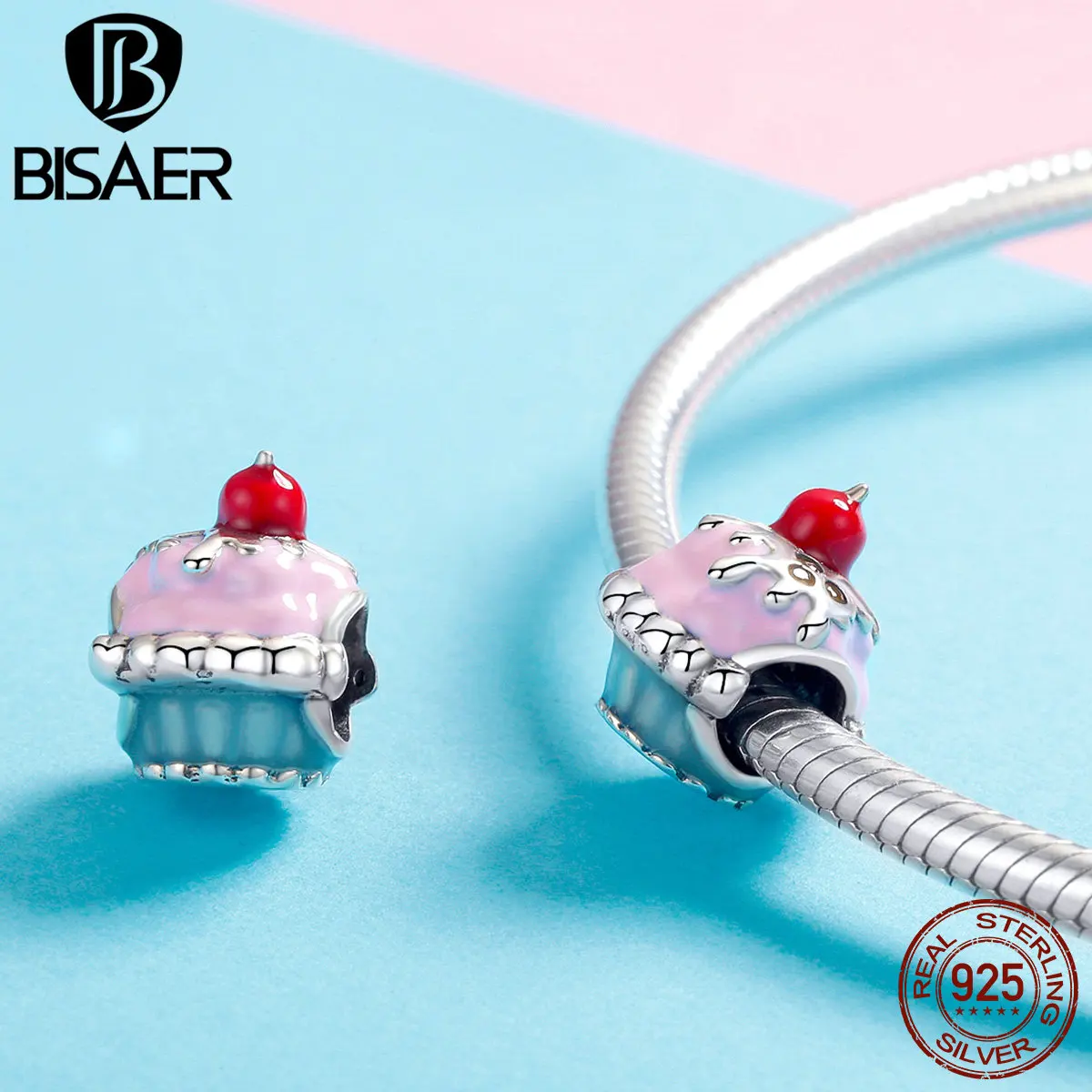BISAER, 925 пробы, серебряная чашка, торт, эмаль, на день рождения, бисер торт, подходят для женщин, амулеты, браслеты, 925 серебряные ювелирные изделия ECC1084