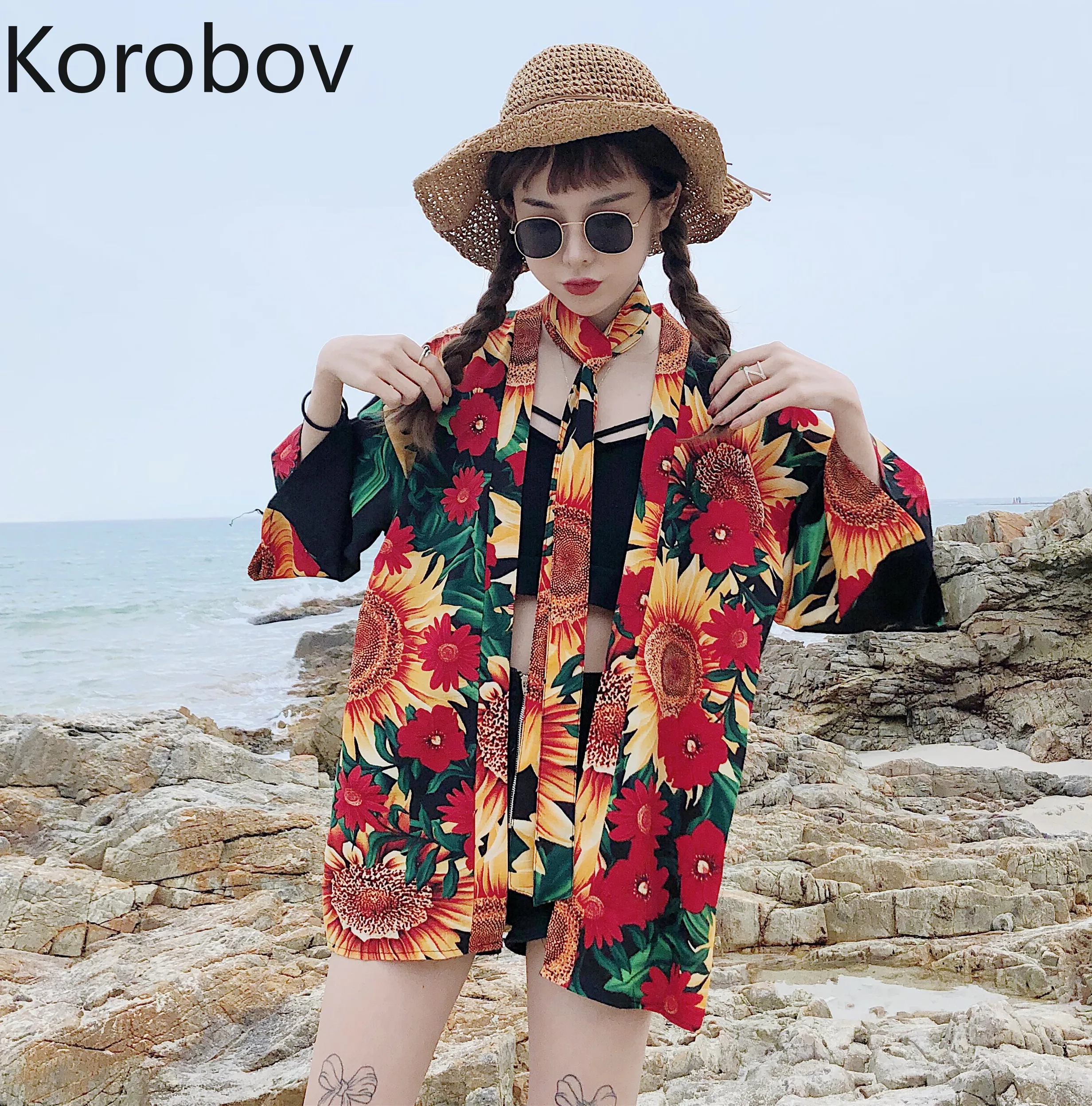 Korobov Korean Beach Women Blouses Summer Sunscreen Sunflower Print Kimono Cardigan Shirts Japanese Chimono Oversize Tops 77991 |