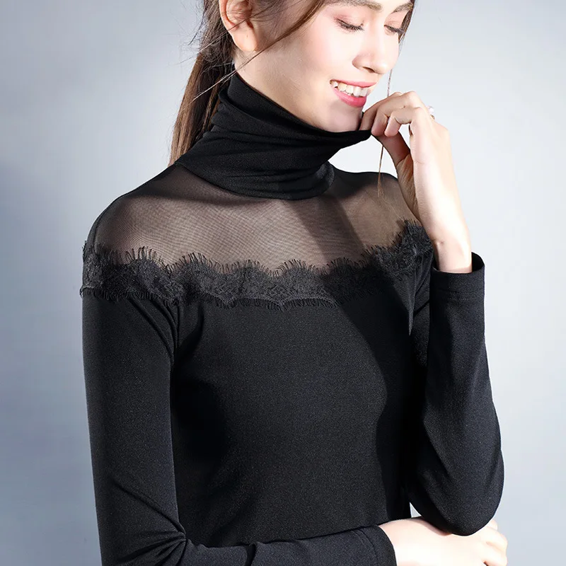 

Sexy Refined Spring Black Turtleneck Bottoming Shirt Women'S Perspective Mesh Pile Collar Shirt Small Shirt Off Shoulder