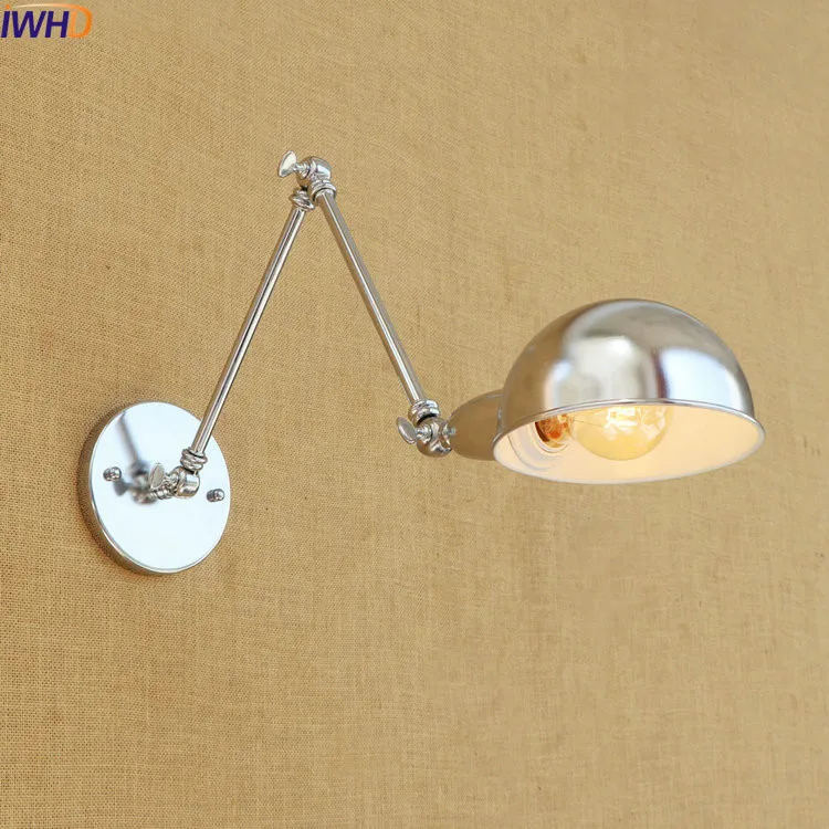 Kopen IWHD Loft Retro Industriële Muur Verlichtingsarmaturen Zilver Verstelbare Swing Lange Arm Wandlamp LED Edison Blaker Wandlampen Vintage