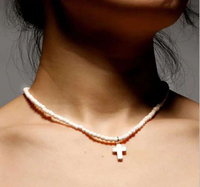 White Boho Этнические маленькие Бусы из натурального камня, колье, Милые ожерелья с крестом, Короткие колье, ожерелье для женщин, летние ювелирные изделия, колье для женщин - Окраска металла: White