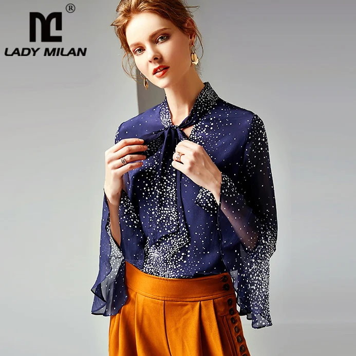 2019 100% Pure Silk Women's Runway Shirts Bow Collar Flare Sleeves Dots Printed Fashion Elegant Shirt Blouse |