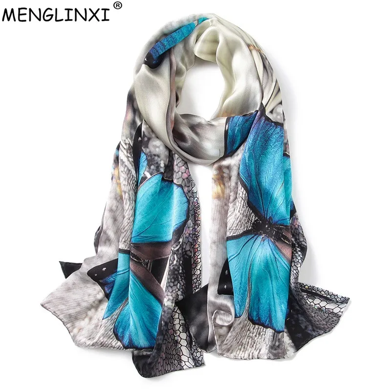 Butterfly Print Silk Scarf Spring Pure Silk Scarf Shawl Hand-rolled Edges Natural Silk Scarf Women Fashion Scarves Wraps