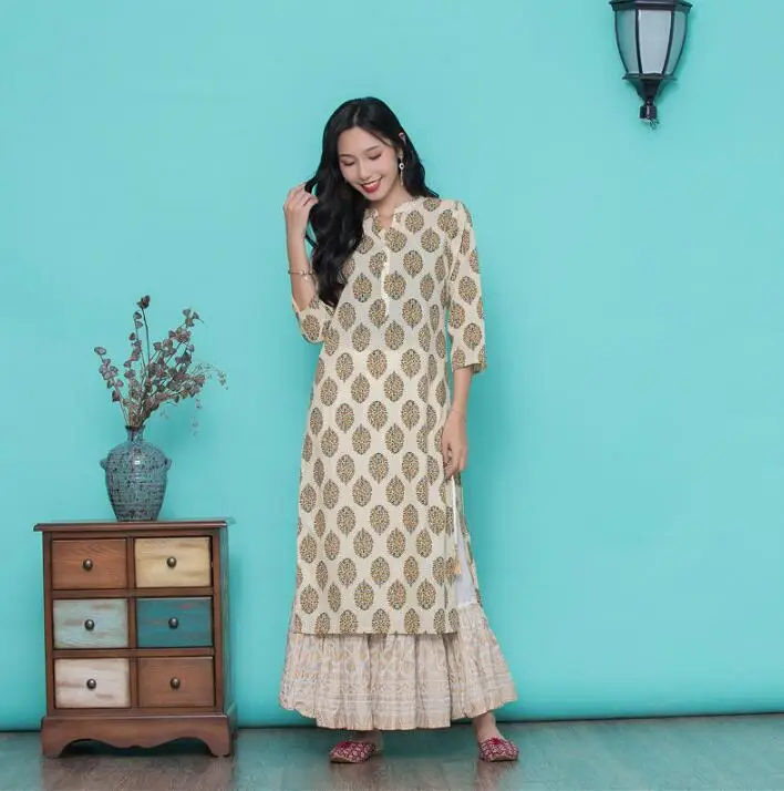 Женский хлопковый костюм с принтом Kurtas платье в этническом стиле и юбка