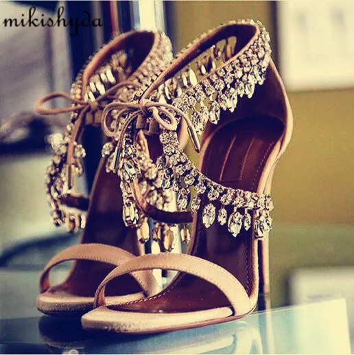 Summer Bling Women Gladiator Sandals Brand Suede Strappy High Heels Shoes Woman Lace Up Pumps Rhinestone Zapatos Mujer | Обувь