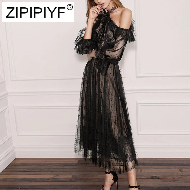 2018 Модные женские длинные расклешенные рукава Холтер воротник платья весна