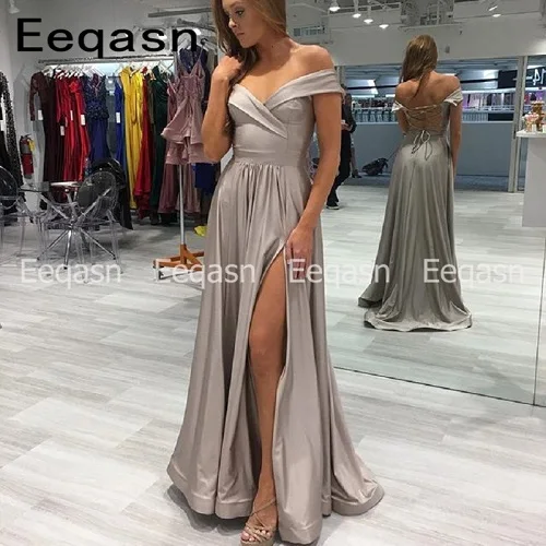 as picture Robe soiree вечернее платье серебряный с плечевой корсет с Боковым Разрезом стрейч-сатин А-силуэт Вечерние платья Вечернее платье для женщин - Цвет: as picture