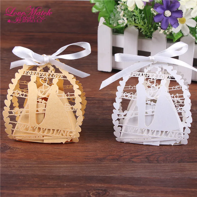 50 шт./лот романтическая коробка для конфет жениха и невесты Лазерная резка с ленточка на свадебные подарки и подарки сумка для конфет вечерние украшения