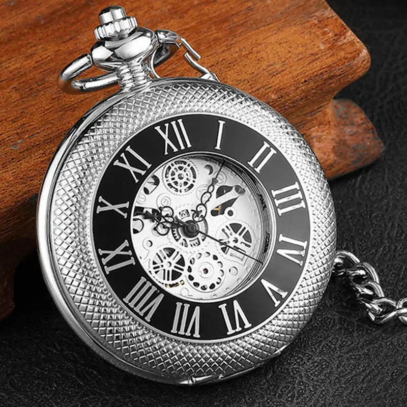 

Silver Carved Big Roman Numerals Antique Hand Wind Mechanical Pocket Watch Skeleton Steampunk Unique Gear Dial Men Womens Gift