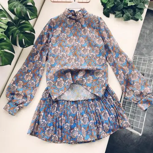 light blue sets Korobov винтажный цветочный принт с пышными рукавами Корейская Блузка+ высокая эластичная талия оборки мини юбки женские наборы пляжные костюмы 77679 - Цвет: light blue sets