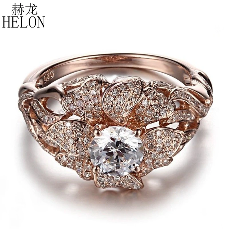 HELON Solid 14 K(AU585) цветок из розового золота Форма Круглый 5,5 мм натуральный белый топаз женское кольцо для помолвки бриллианты кольцо ювелирные изделия