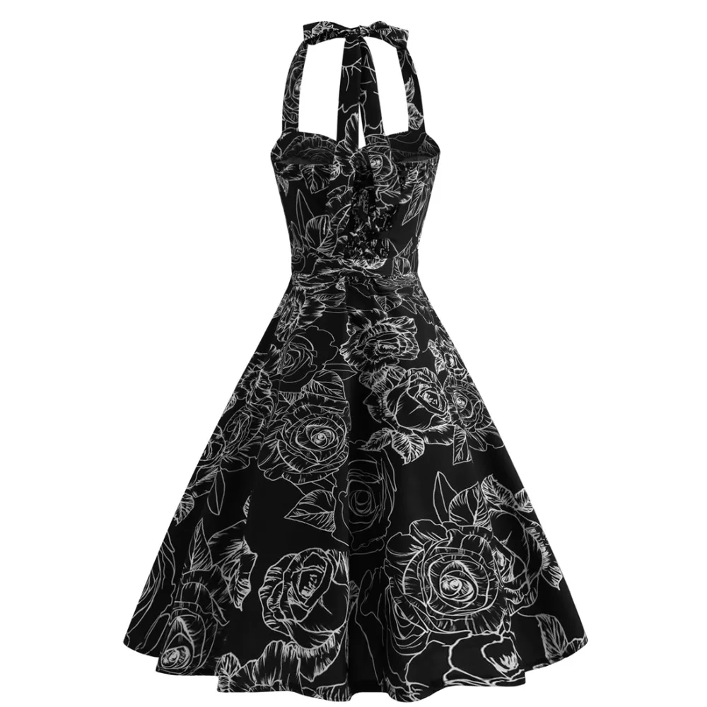 Женское винтажное платье с лямкой на шее черное открытой спиной и принтом роз