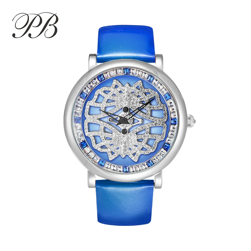 PB watch женские часы люксовый бренд Stardust вращающийся Серебряный Кристалл цветок часы женские водонепраницаемые кожаные Роскошные Кварцевые ремешки для часов пакеты для упаковки