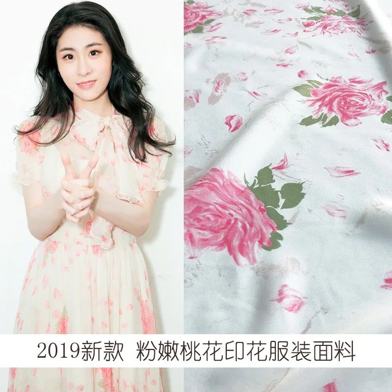 

2019 new pink peach flower petal print dress shirt fabric spring and summer polyester printing fashion micro-transparent hot