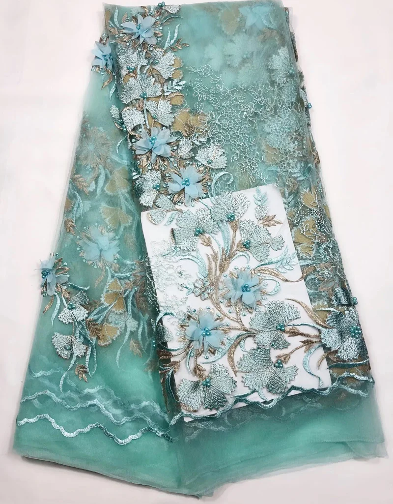 

(5 ярдов/шт.) Красивая аквазеленая африканская французская сетчатая кружевная ткань 3D flowe и изящные бусины с вышивкой для элегантного платья FL3945
