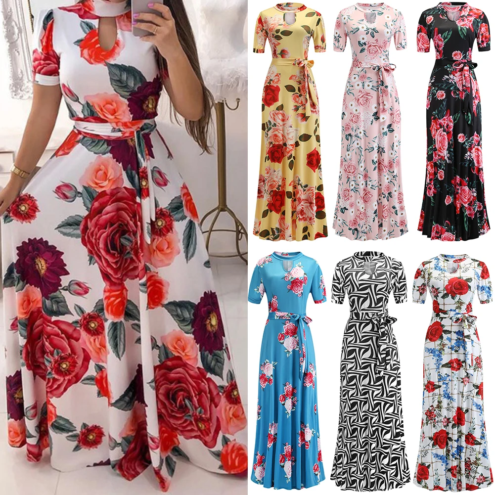 Женское летнее вечернее цветочное длинное платье с принтом Boho коротким рукавом