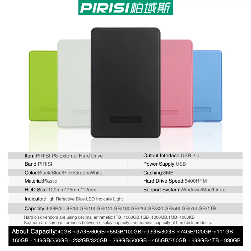Новый стиль 2 5 ''PIRISI P8 HDD тонкий цветной внешний жесткий диск 40GB USB2.0