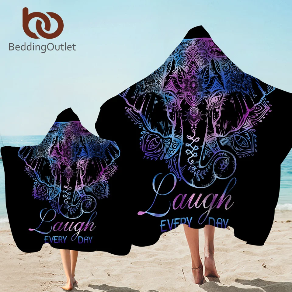 

BeddingOutlet Elephant Bath Towel With Hood Flower Microfiber Hooded Towel Boho Wearable Beach Blanket Black serviette 127x152cm