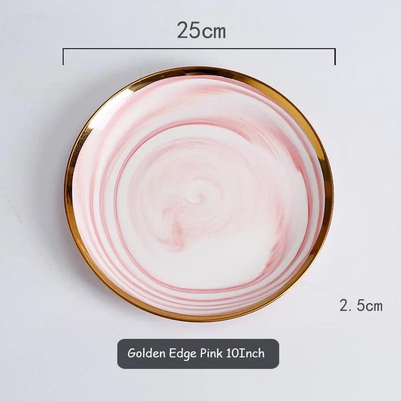 Golden Edge Pink 10 Керамическая тарелка мраморная тарелка круглые подносы для продуктов питания плоский золотой край ужин креативная тарелка для завтрака Фруктовая тарелка украшение столовые приборы 1 шт - Цвет: Golden Edge Pink 10