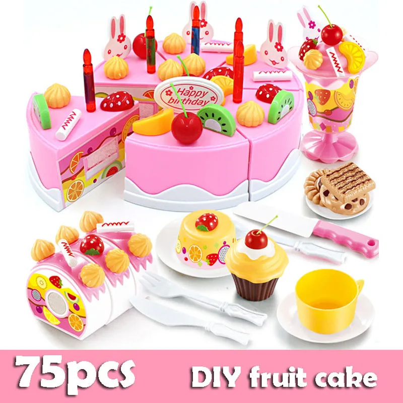 QWZ219-75pcs-pink QWZ 37-80 шт DIY Детские кухонные игрушки Ролевые вырезание торт ко дню рождения фруктовый крем пластиковый игровой чайный набор Домашний набор посуды - Цвет: QWZ219-75pcs-pink